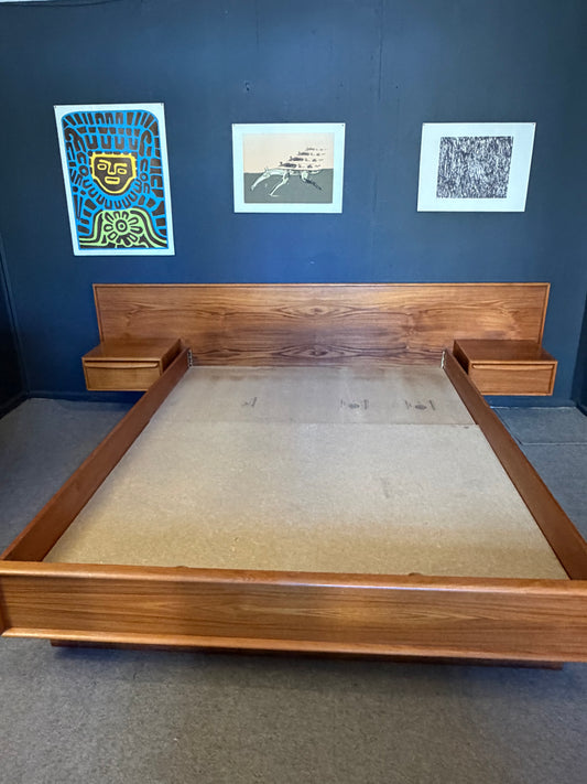 Teak Queen Bed w/Floating Nightstands
